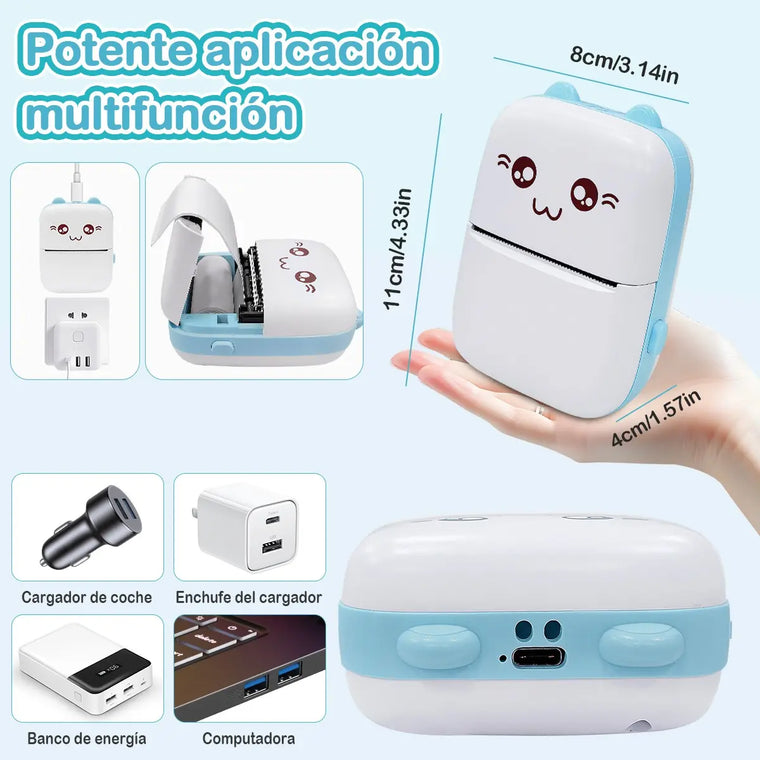 Mini Impresora Térmica Gatita Bluetooth 200 Dpi 13 Rollos
