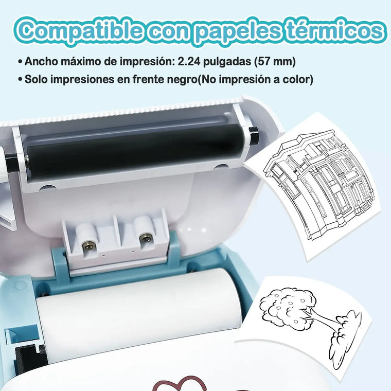 Mini Impresora Térmica Gatita Bluetooth 200 Dpi 13 Rollos