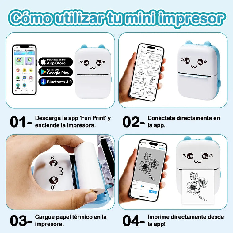Mini Impresora Térmica Gatita Bluetooth 200 Dpi 13 Rollos