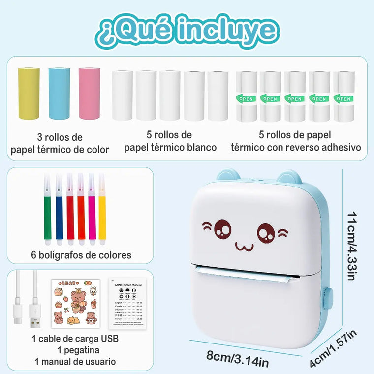 Mini Impresora Térmica Gatita Bluetooth 200 Dpi 13 Rollos